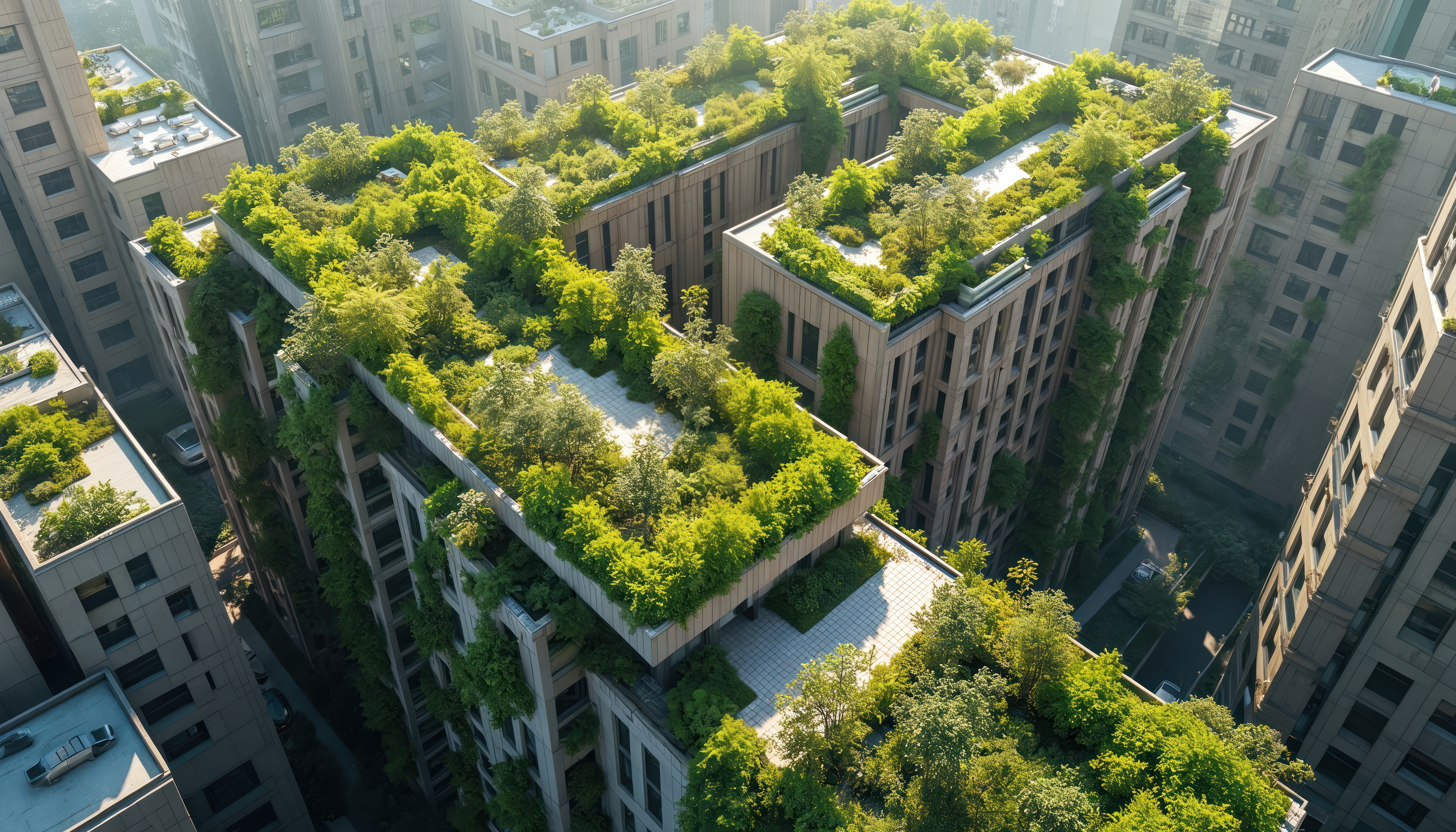 A view of eco-sustainable office building with rooftop gardens
