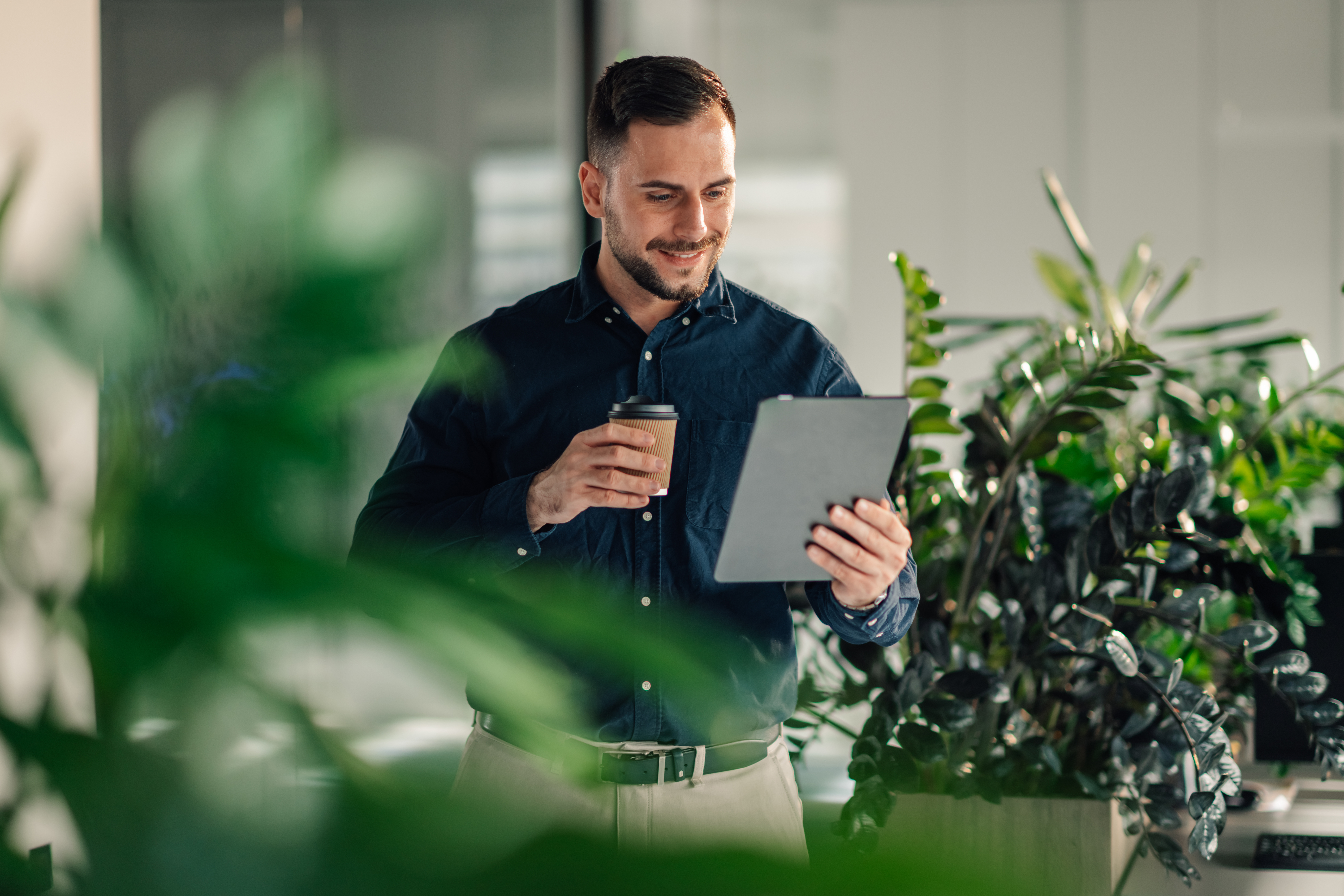 An employee working in a green office