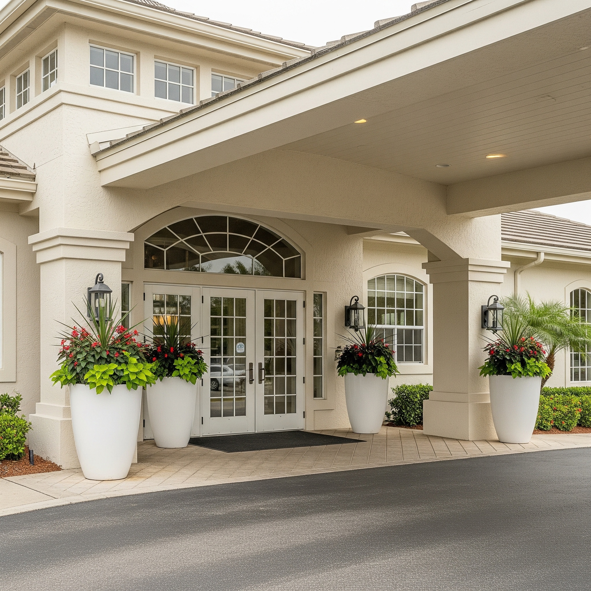 Clubhouse entrance framed by tall white planters.