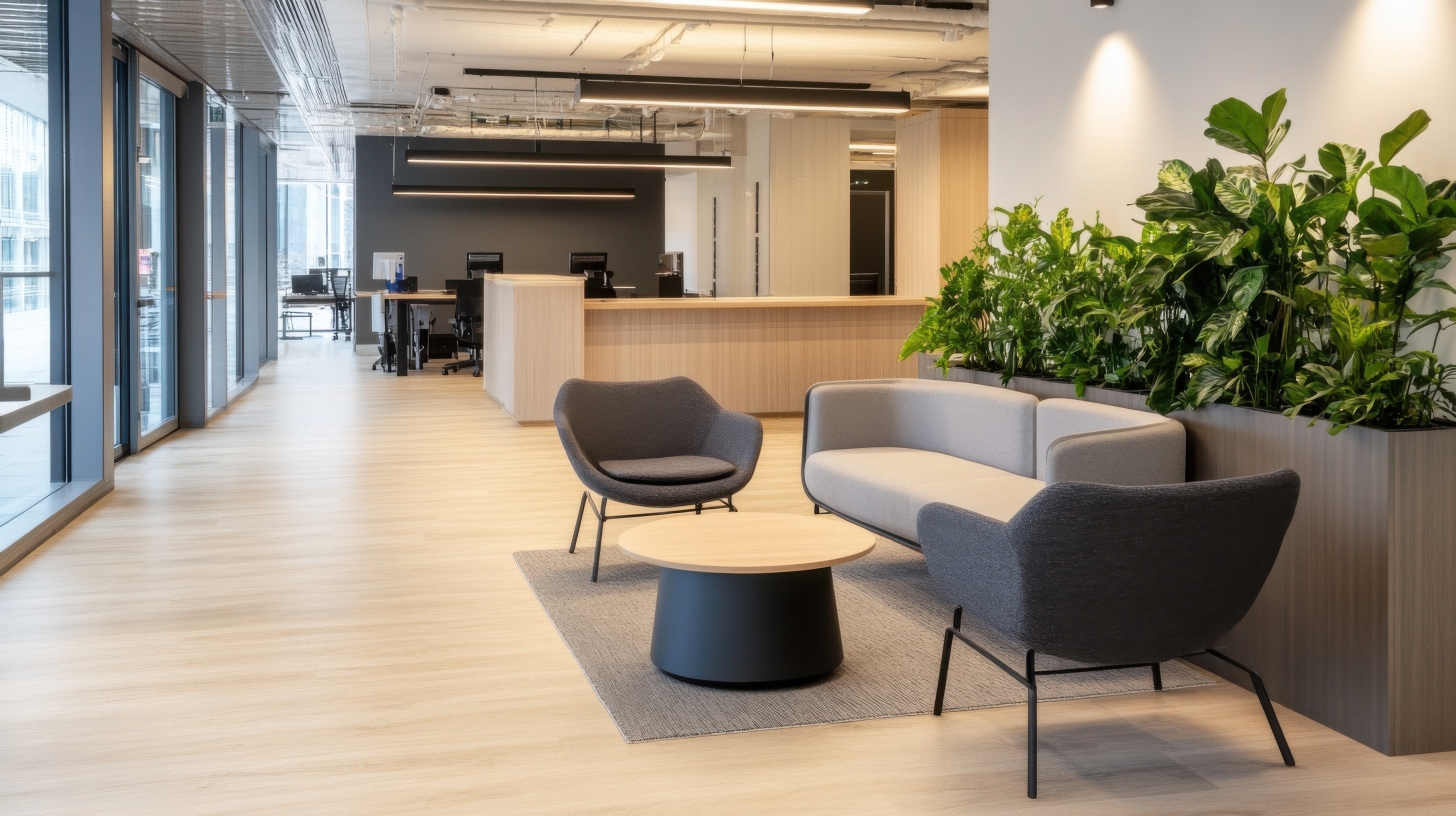 Contemporary bank waiting area with minimalist seating and plants