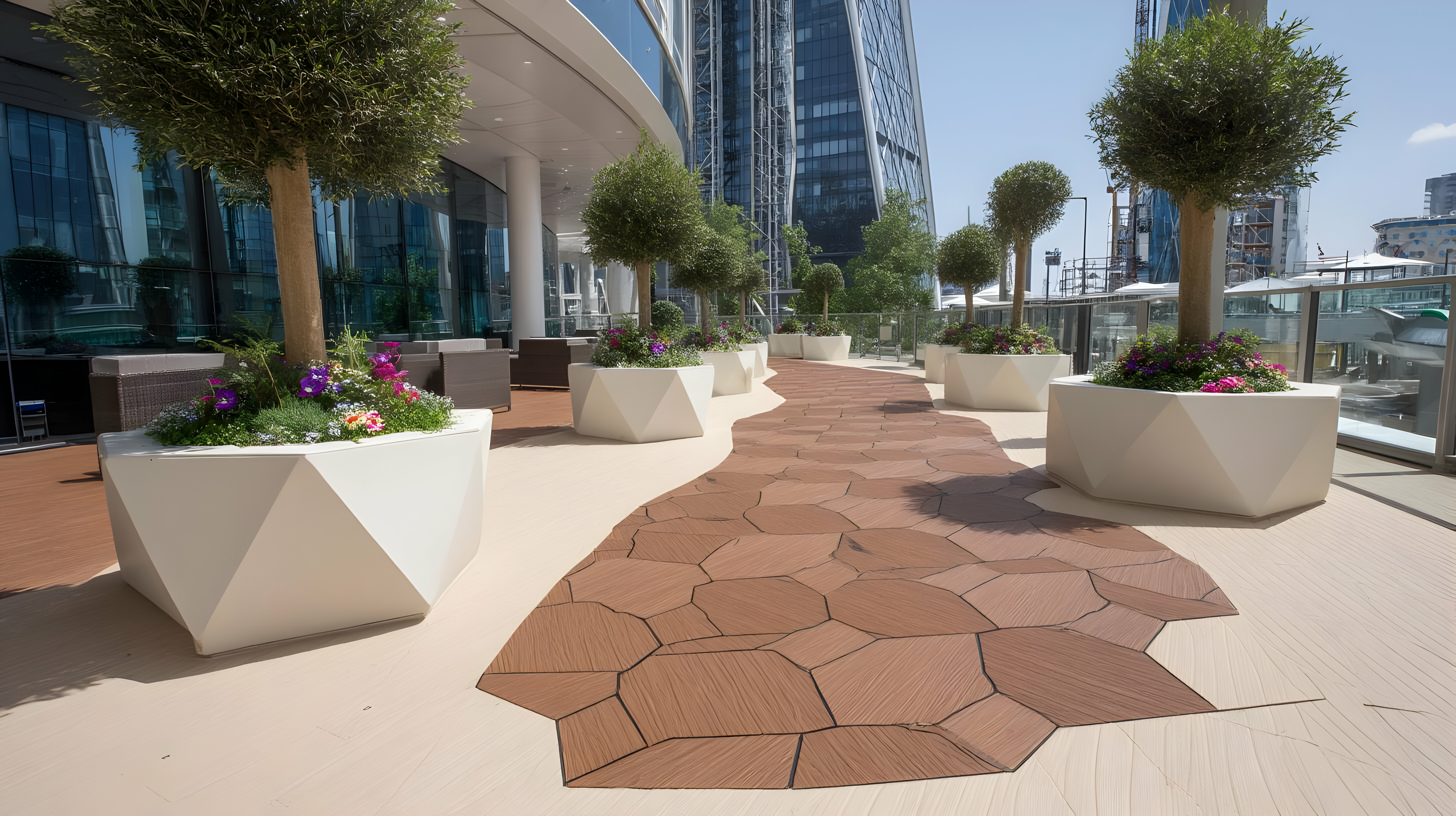 Contemporary rooftop with geometric white planters