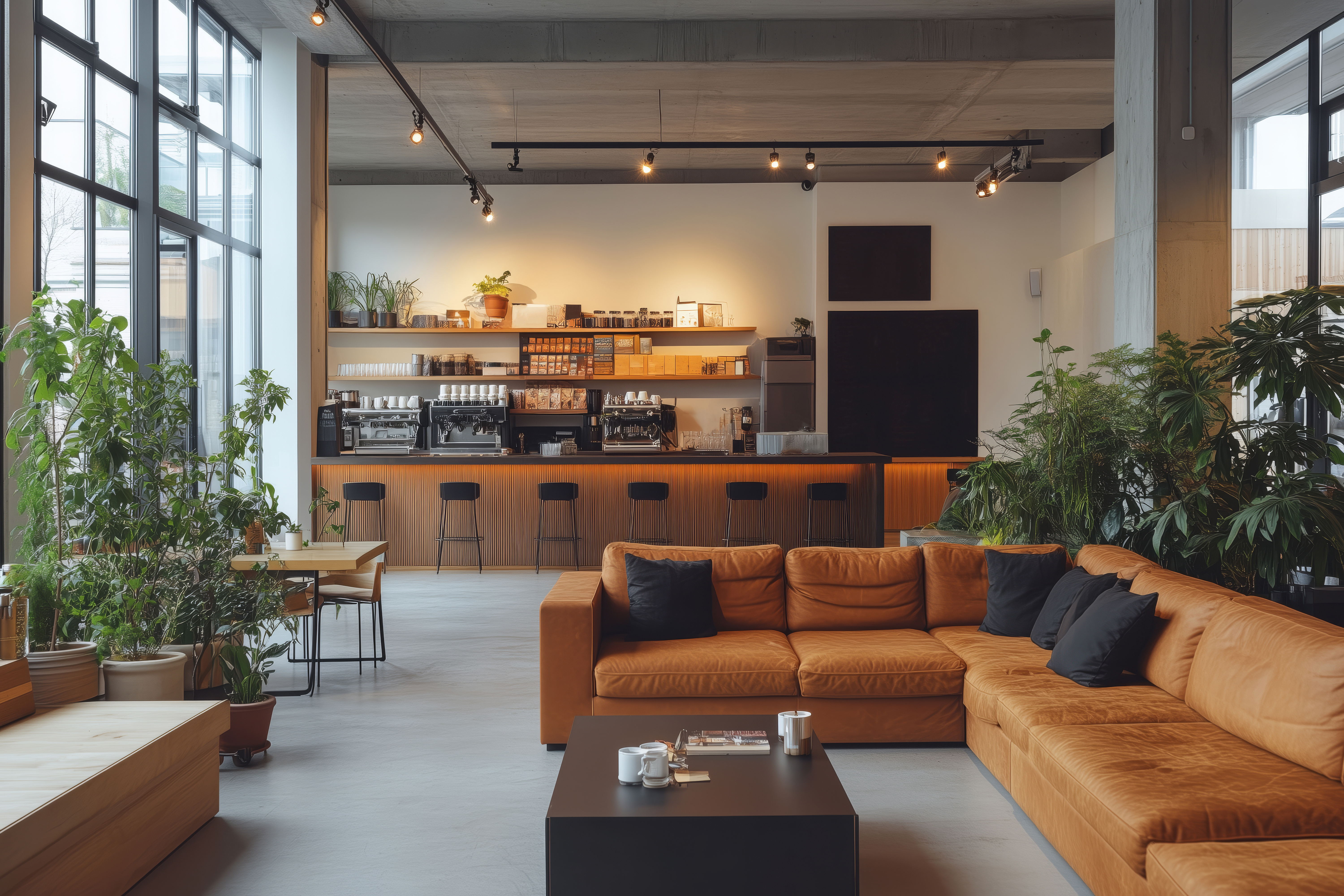 Cozy coffee shop lounge with greenery and wood finishes