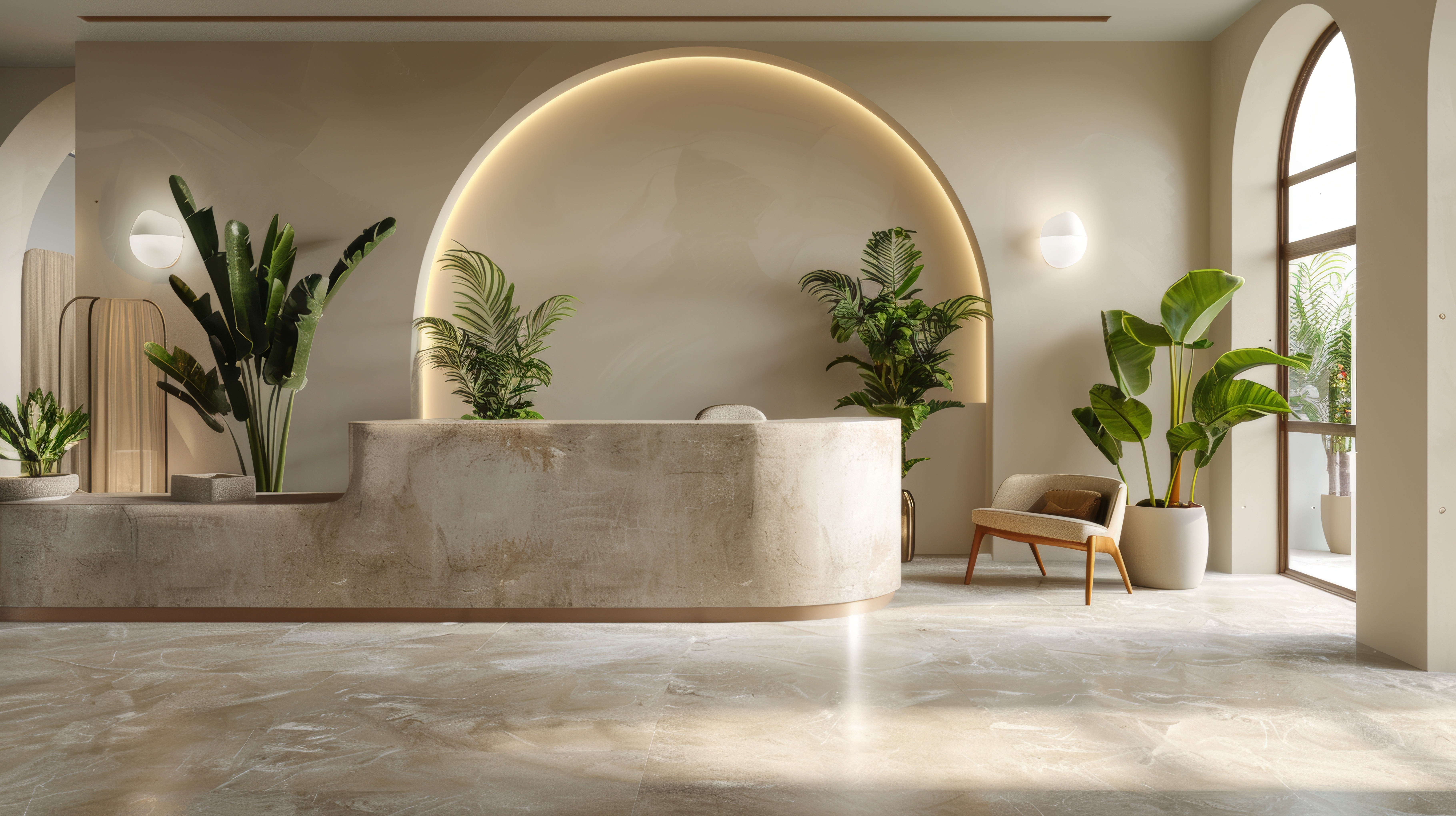 Curved reception desk framed by indoor planters