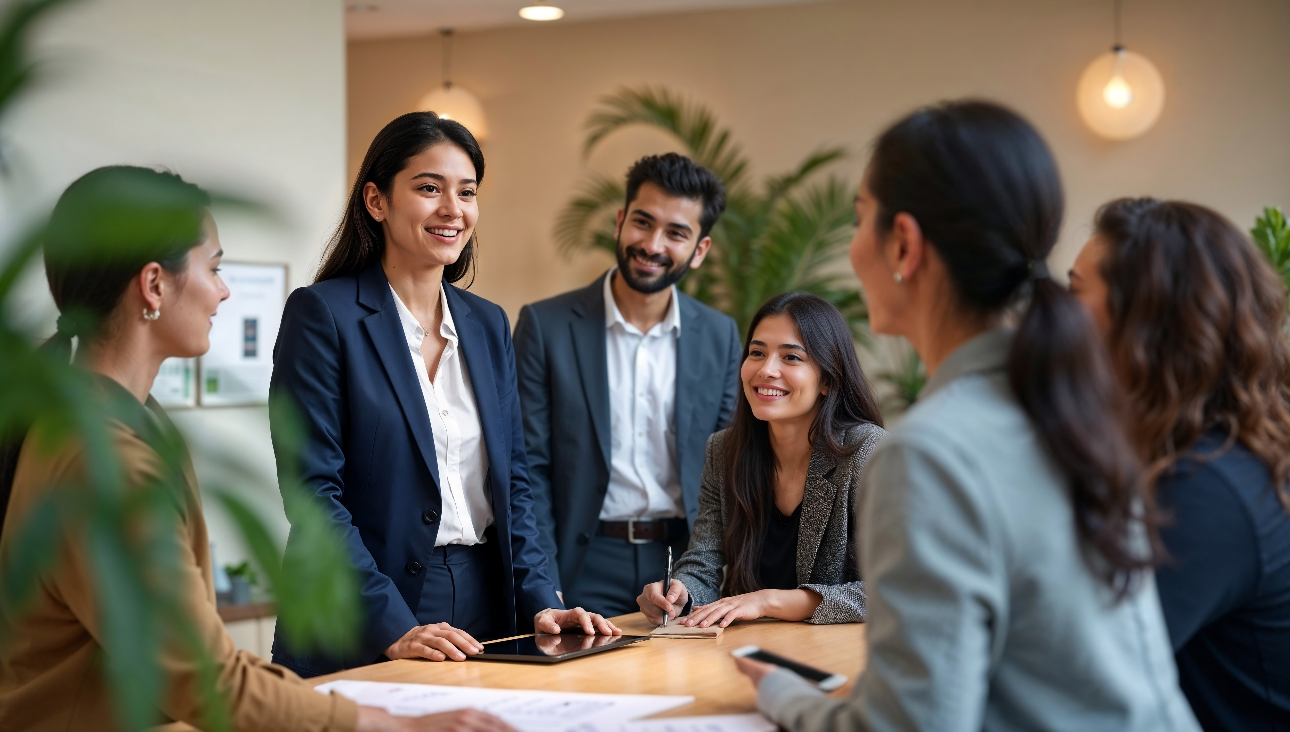 Employees brainstorming in a modern corporate green office setting