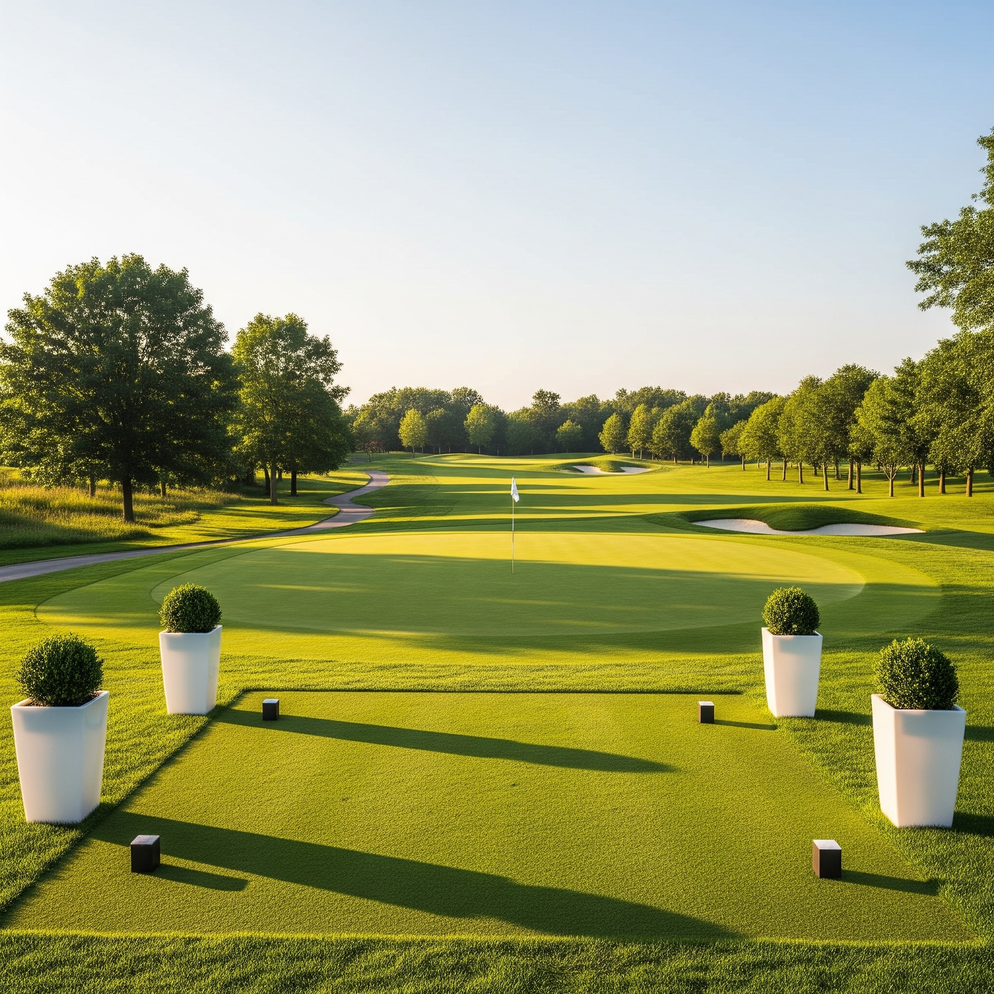 Golf course tee box with sleek white planters.