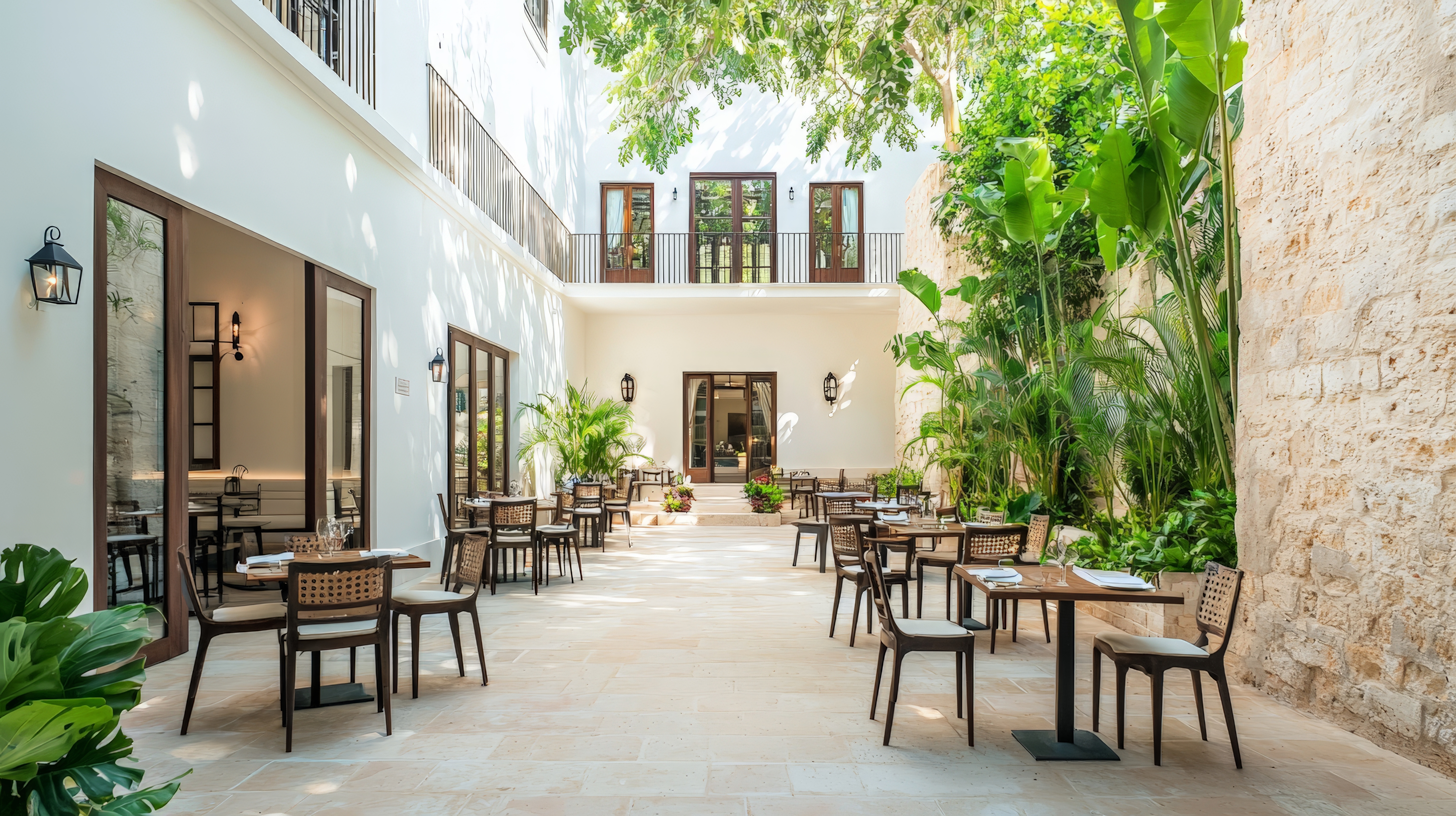 hotel courtyard restaurant with plants