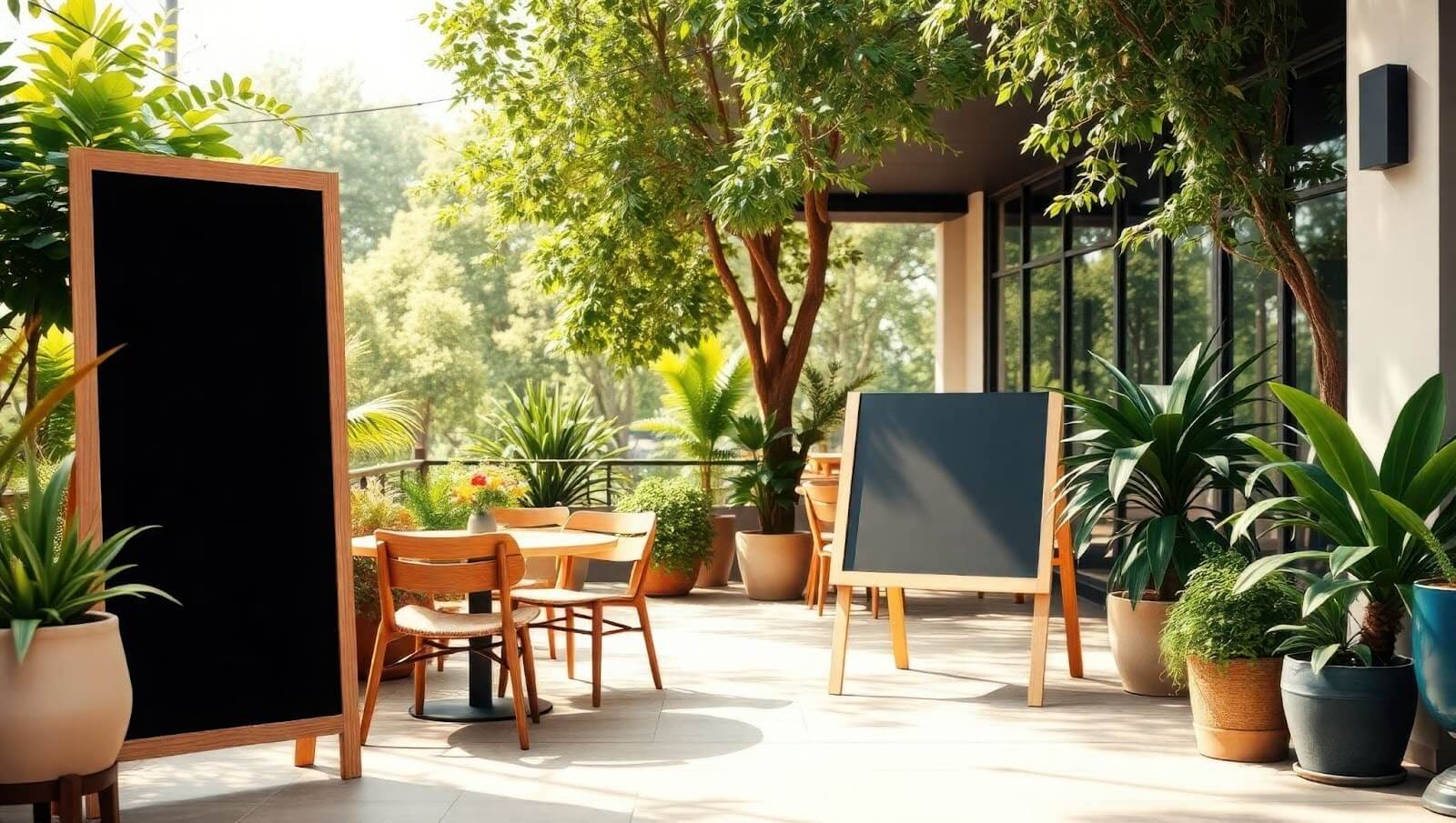 A bright and inviting restaurant patio featuring wooden furniture nestled amongst lush greenery in planters.