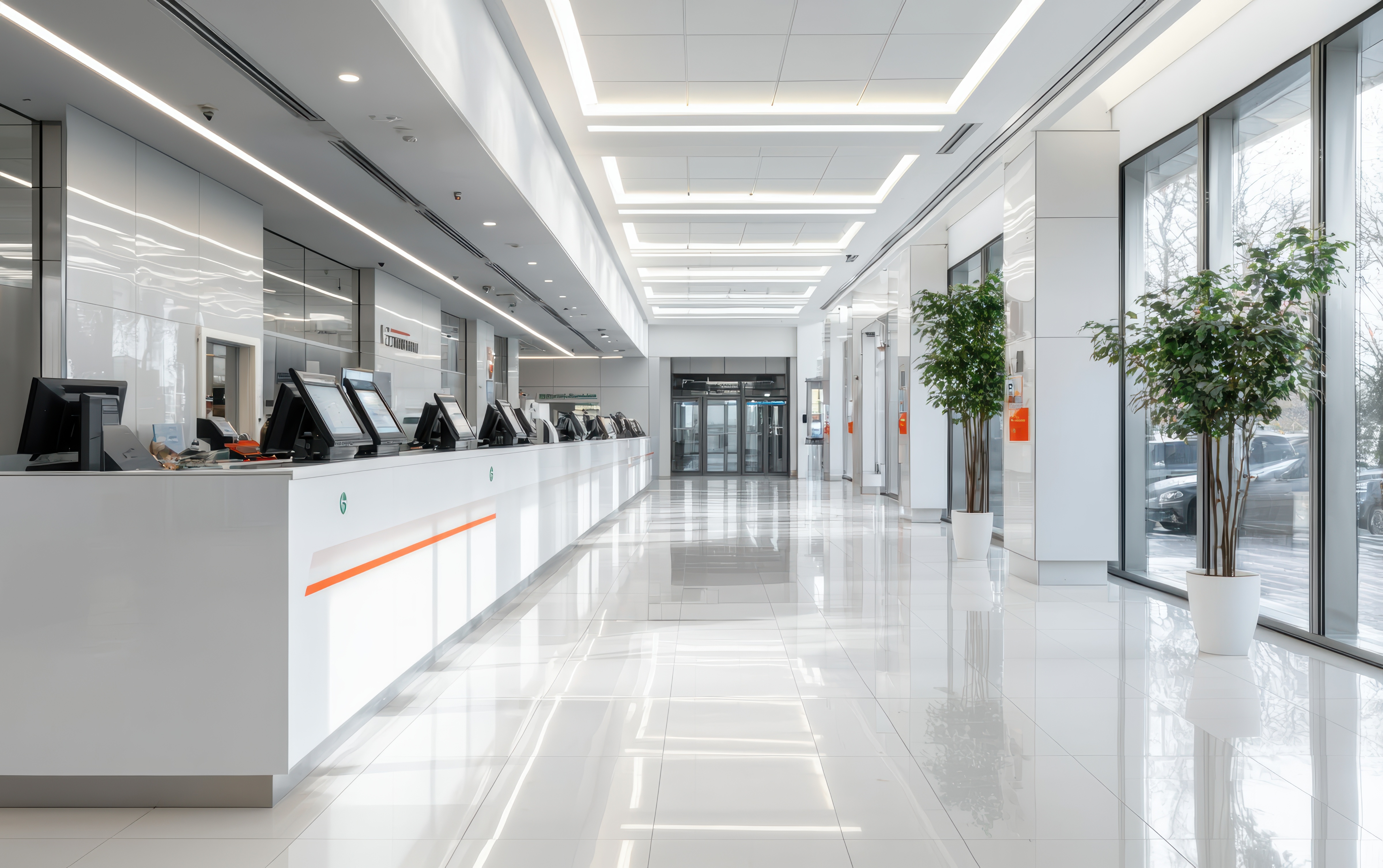 Modern bank interior with sleek counters and white finishes