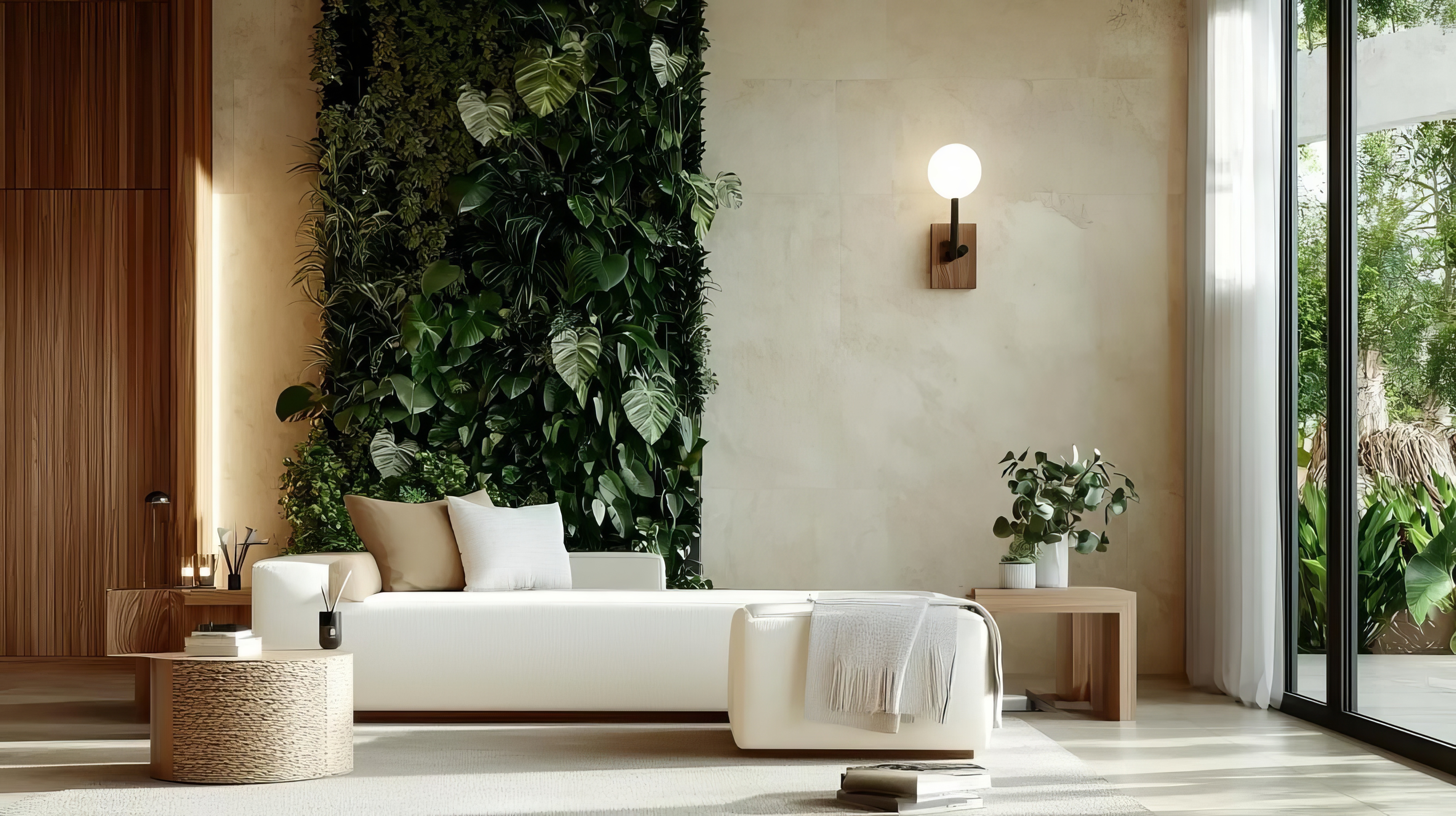 Modern living room with biophilic design