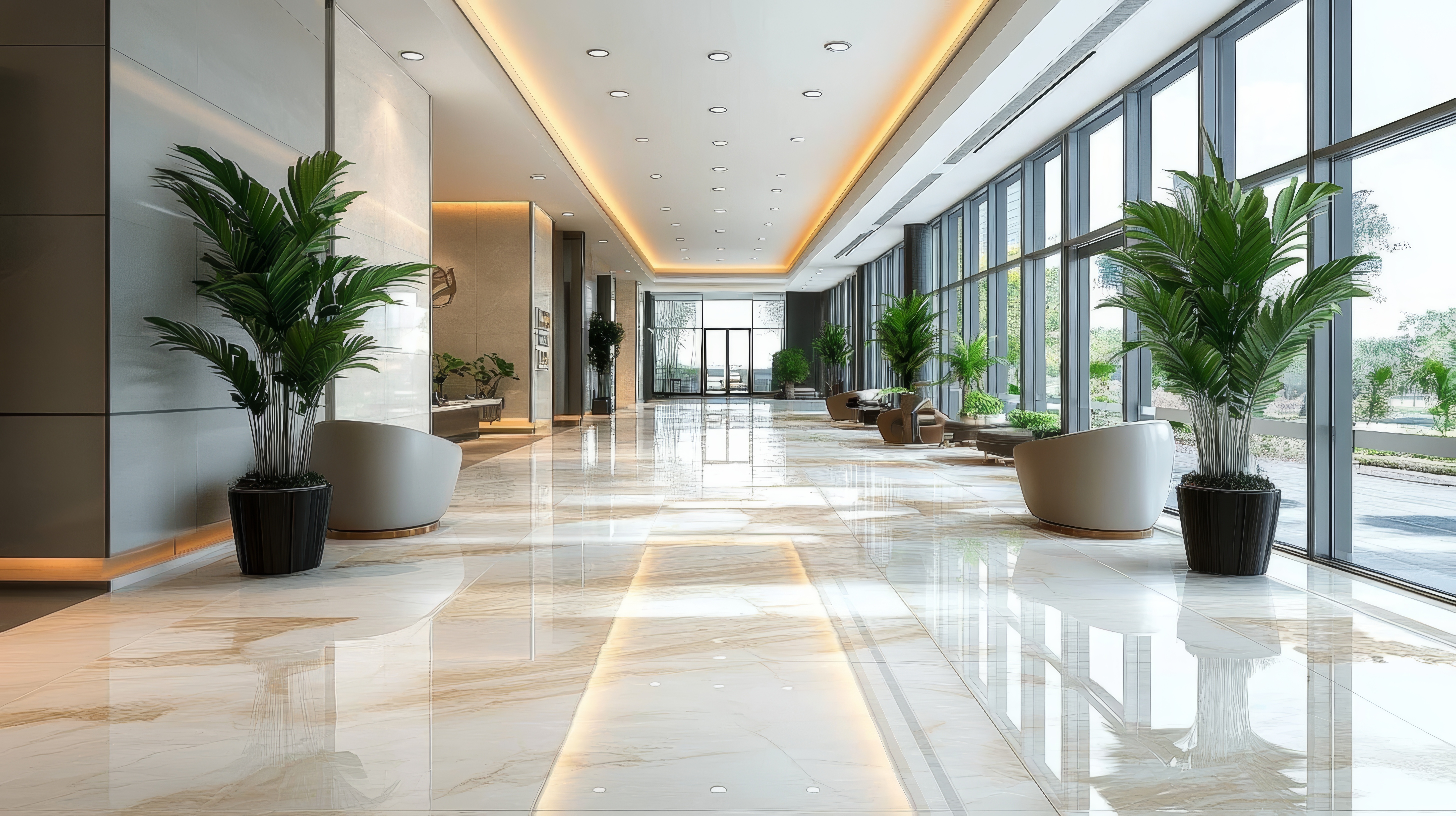 Modern luxury hotel lobby with green plants