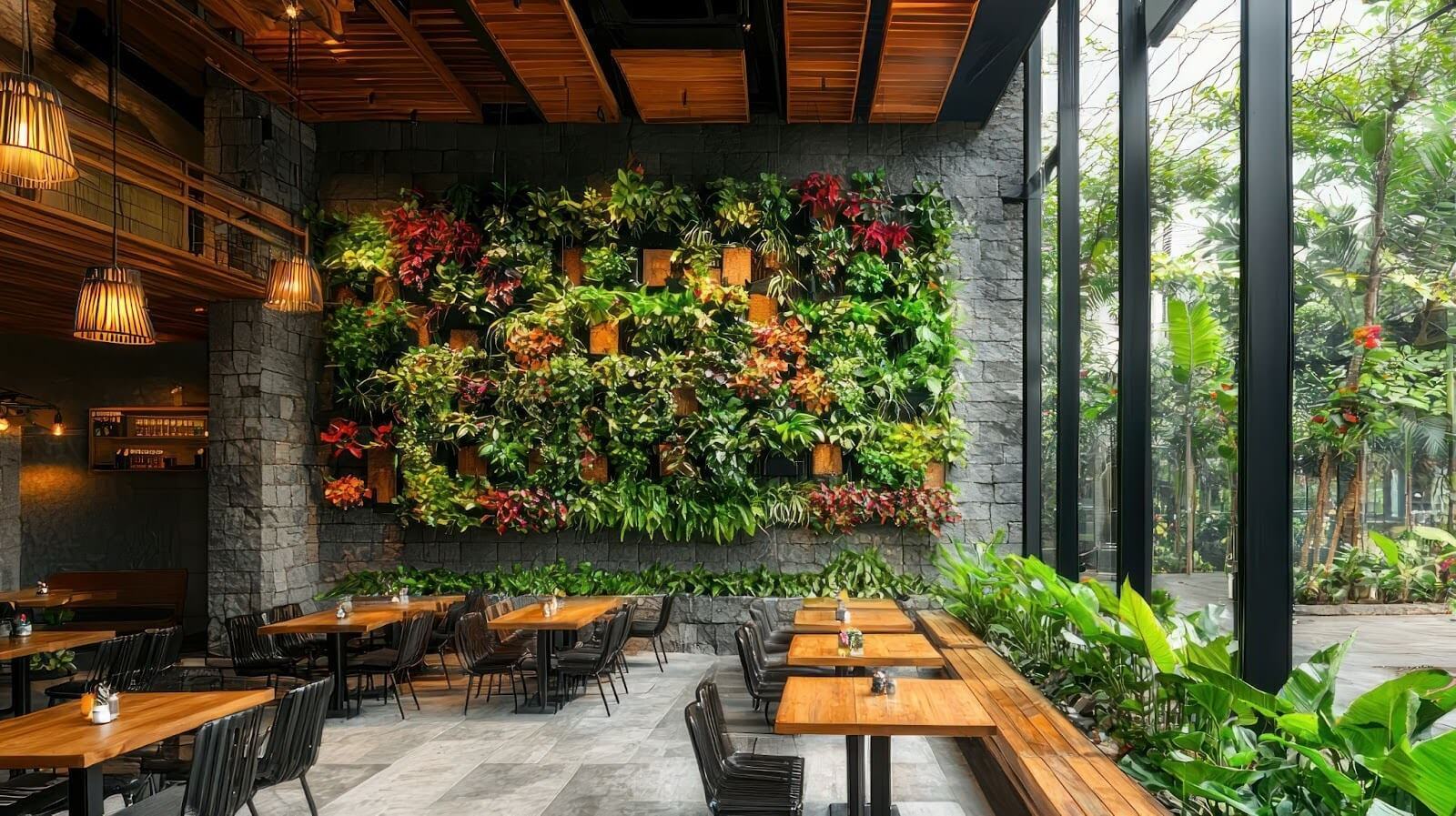 The interior of a modern restaurant features a large vertical garden wall filled with various plants.