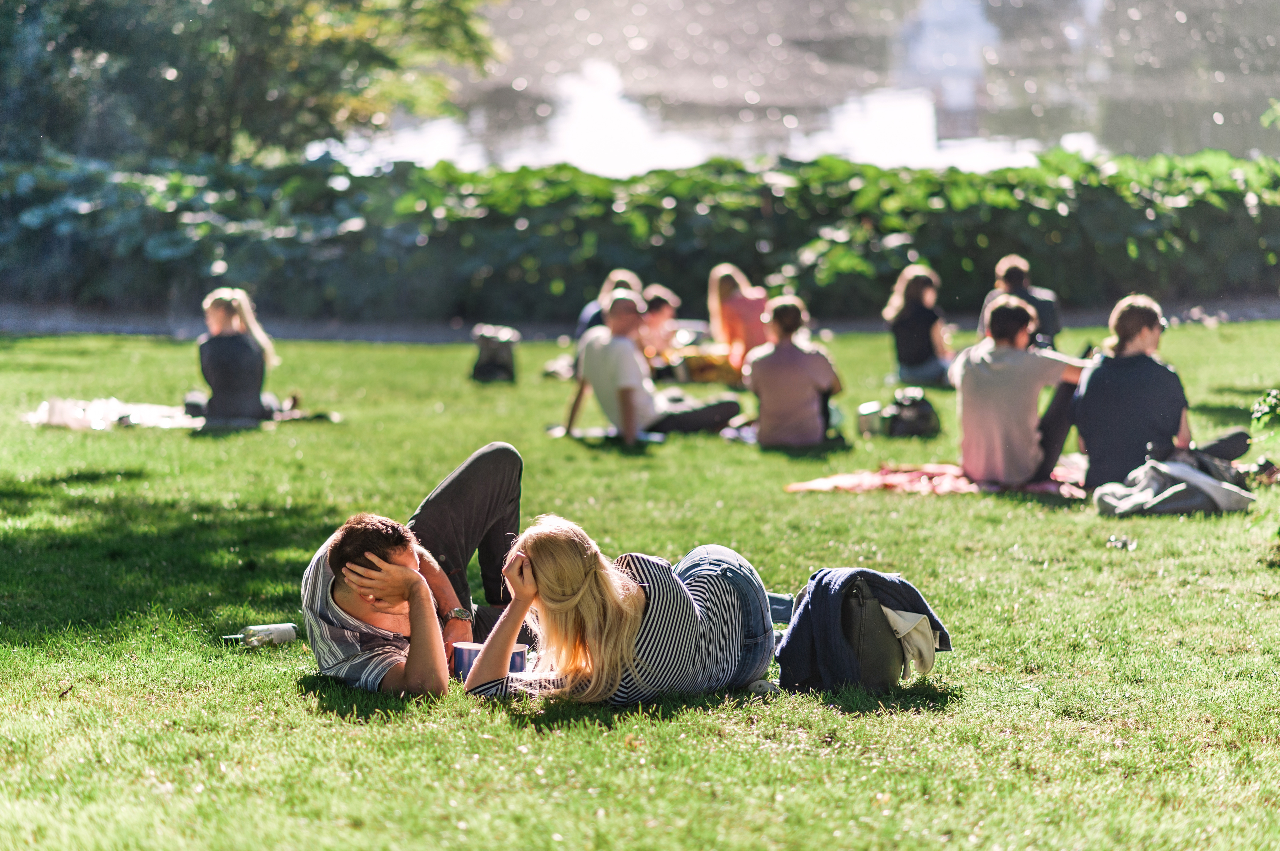 people lounging on the grass in an urban green space