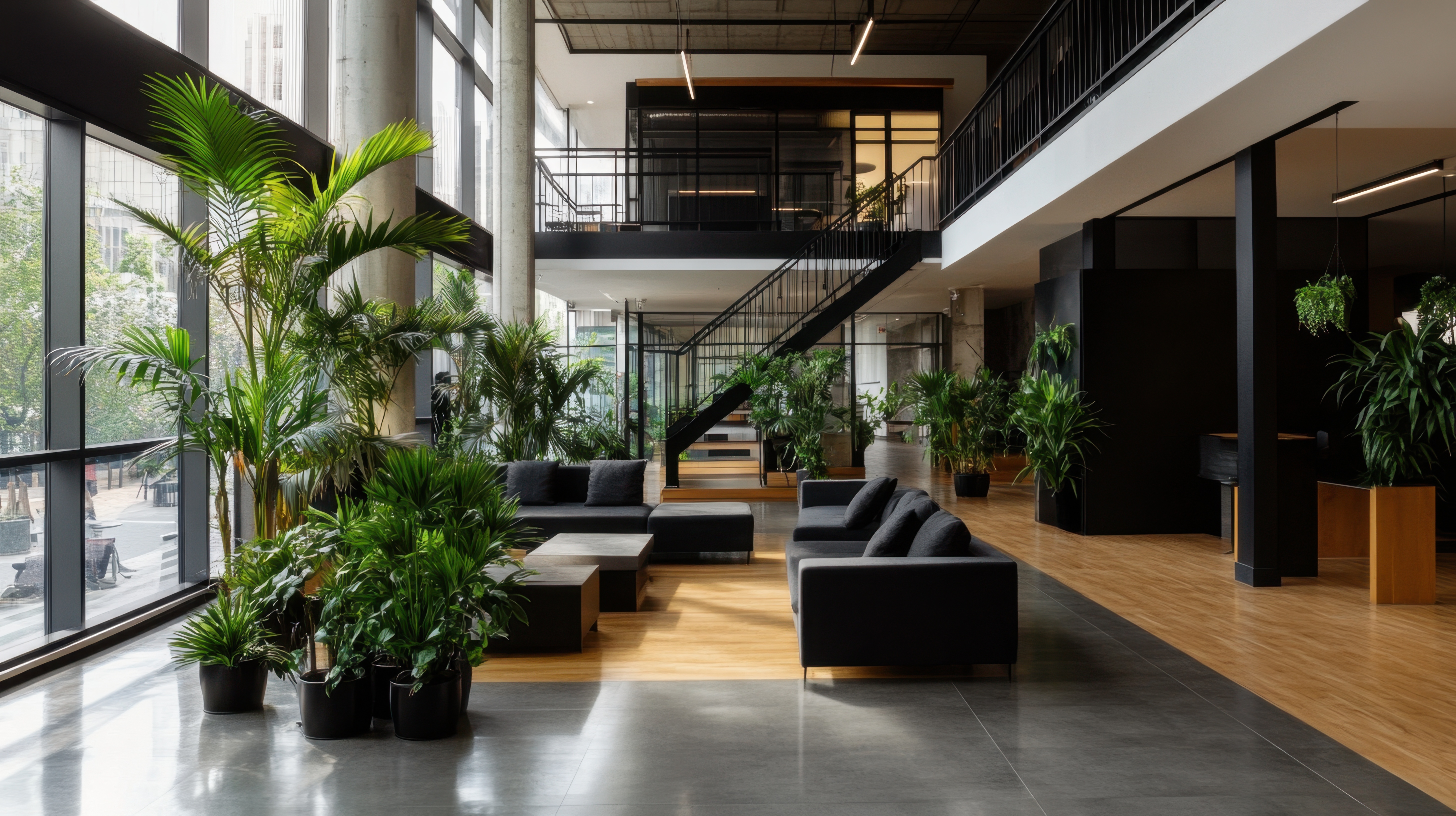 Spacious bank lobby with greenery and loft-style design