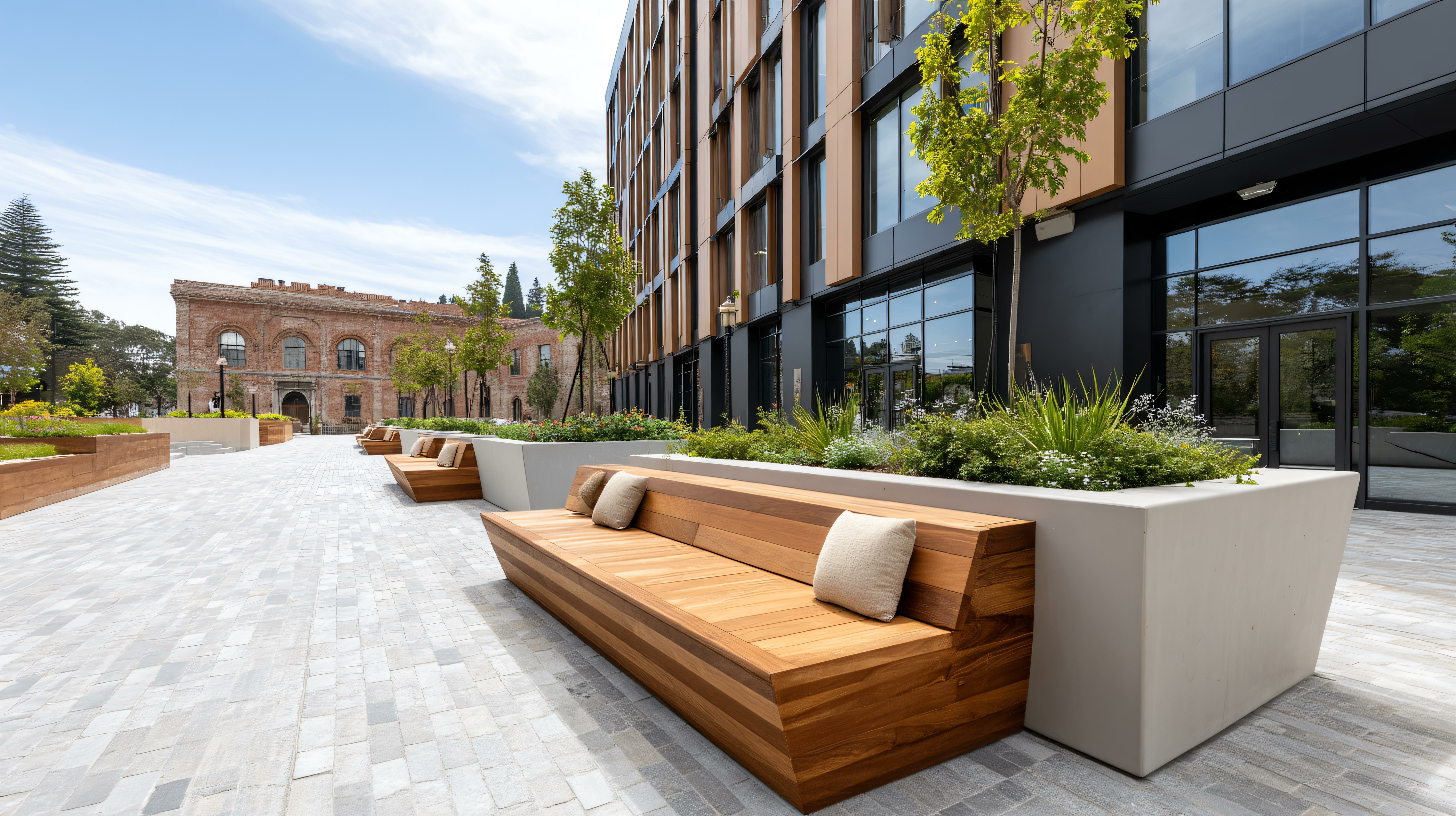Urban plaza with integrated benches and greenery