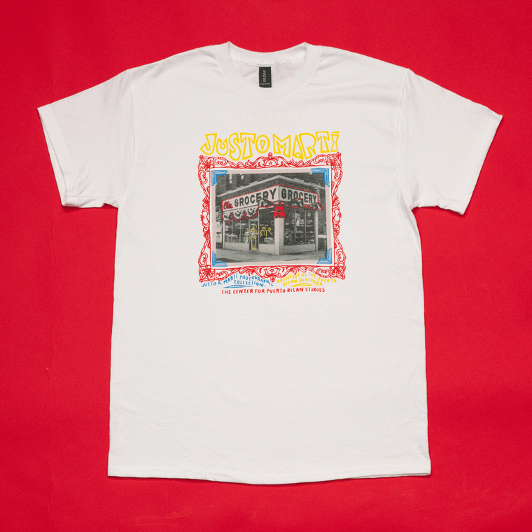 100% Cotton White T-shirt with screen printed design on front of a vintage photograph of a bodega by Justo A. Martí with custom illustrations by Alyssa Monet