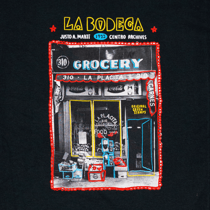 A screen printed design of a vintage photograph of a bodega taken by Justo A. Martí with custom illustrations by Alyssa Monet