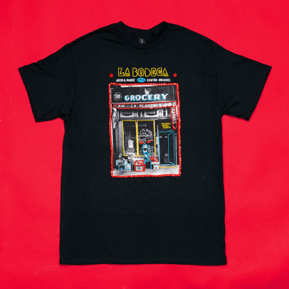 La Placita Bodega 100% Black T-shirt with a screen printed design of a vintage photograph of a bodega taken by Justo A. Martí with custom illustrations by Alyssa Monet