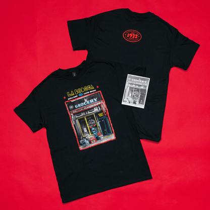 Front & Back of La Placita Bodega 100% Black T-shirt accompanied by the 5" x 7" reproduction print of the original photograph