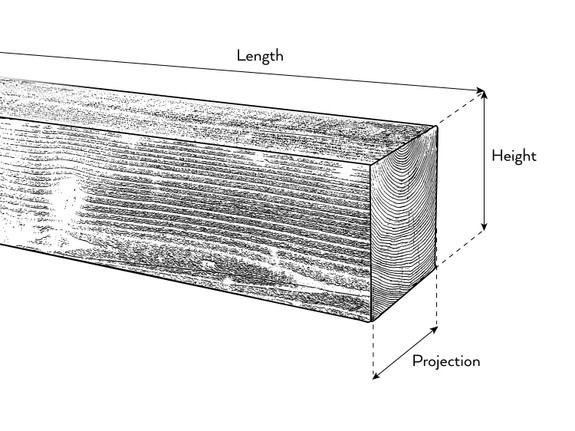 Detailed dimension diagram of the Old Barn faux wood mantel, showcasing its length, width, and depth