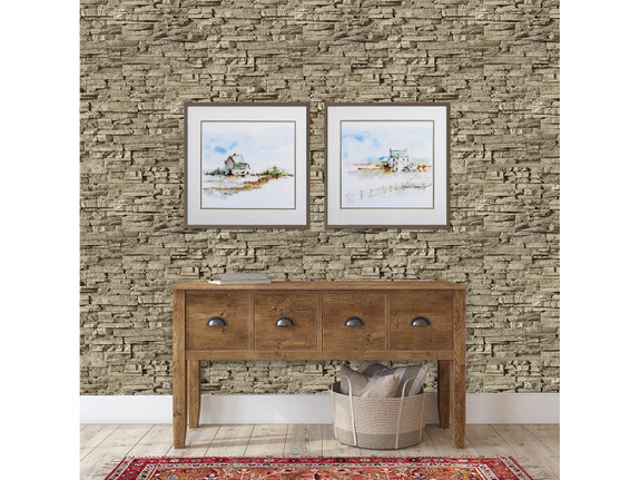 Rich Beige colored Sedona Dry Stack Faux Panels decorating an interior home living area wall.