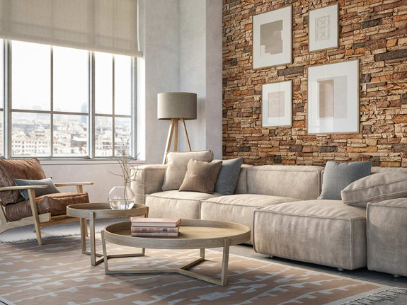 Denver Dry Stack faux wall panels used in the Sienna color for this living room setting.