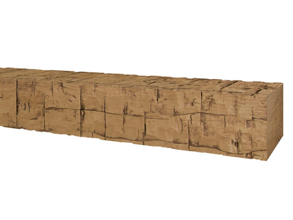 Detail view of Old Tuscan Faux Wood Mantel for sale, showcasing distressed look with axe marks