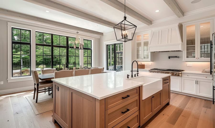 A bright, open-concept dining area featuring Smooth Natural Wood Beams in Pale Linen.