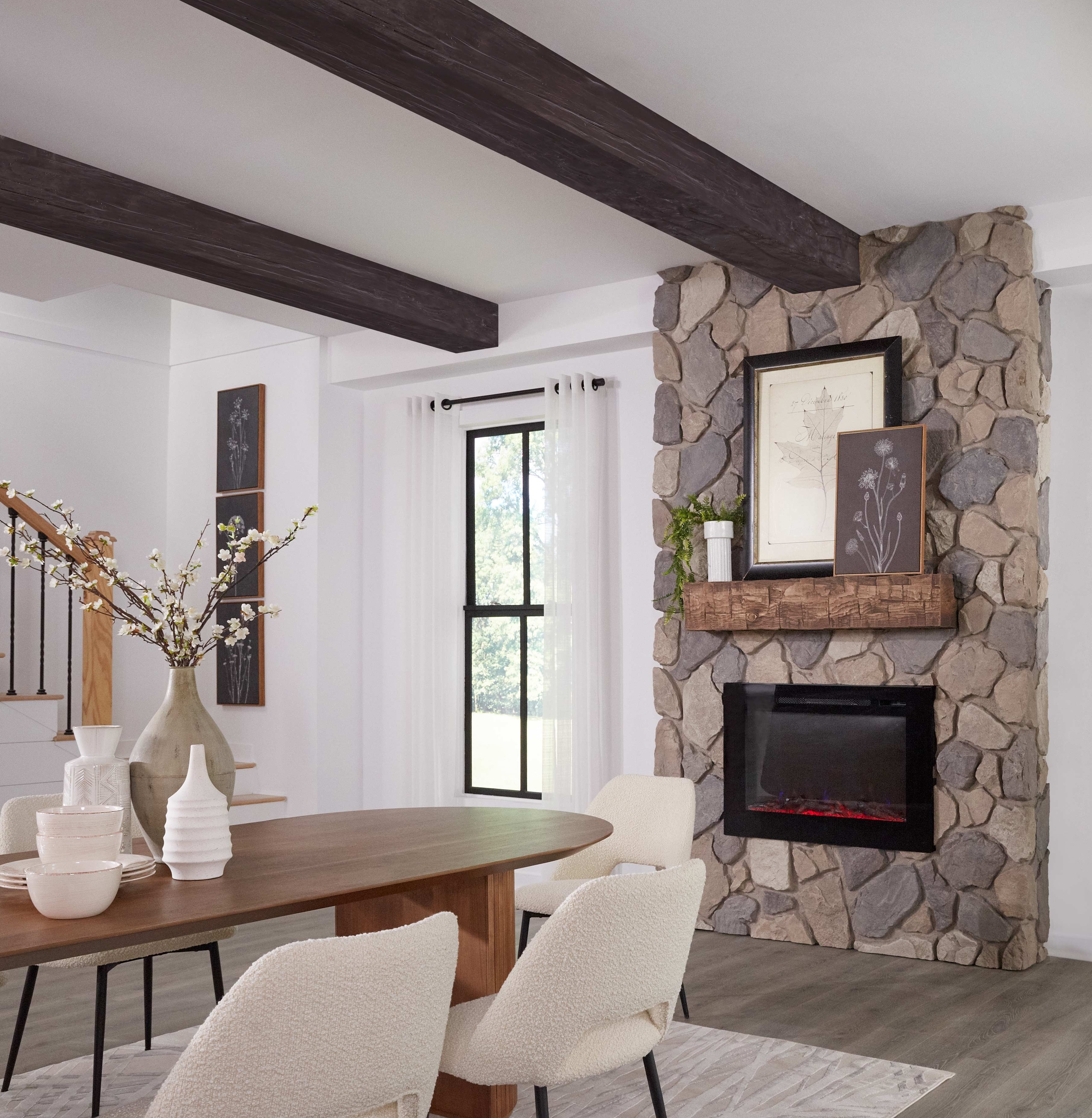 Dining room with faux wood beams featuring Old Barn Faux Wood Beam in Fresh-Coffee.
