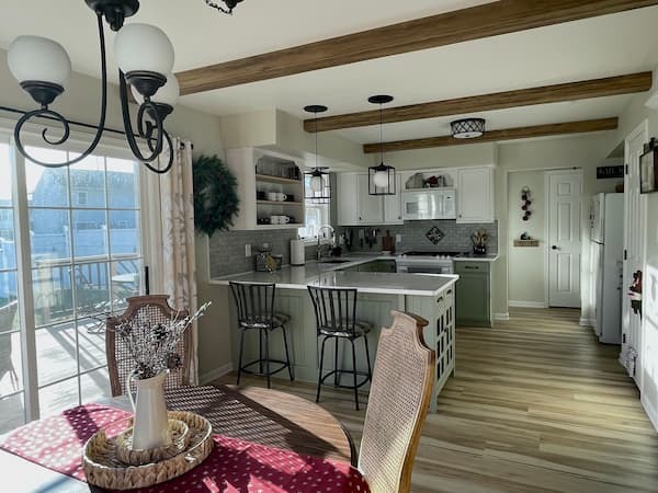 Dining room with faux wood beams featuring Hewn Faux Wood Beam in Sable.