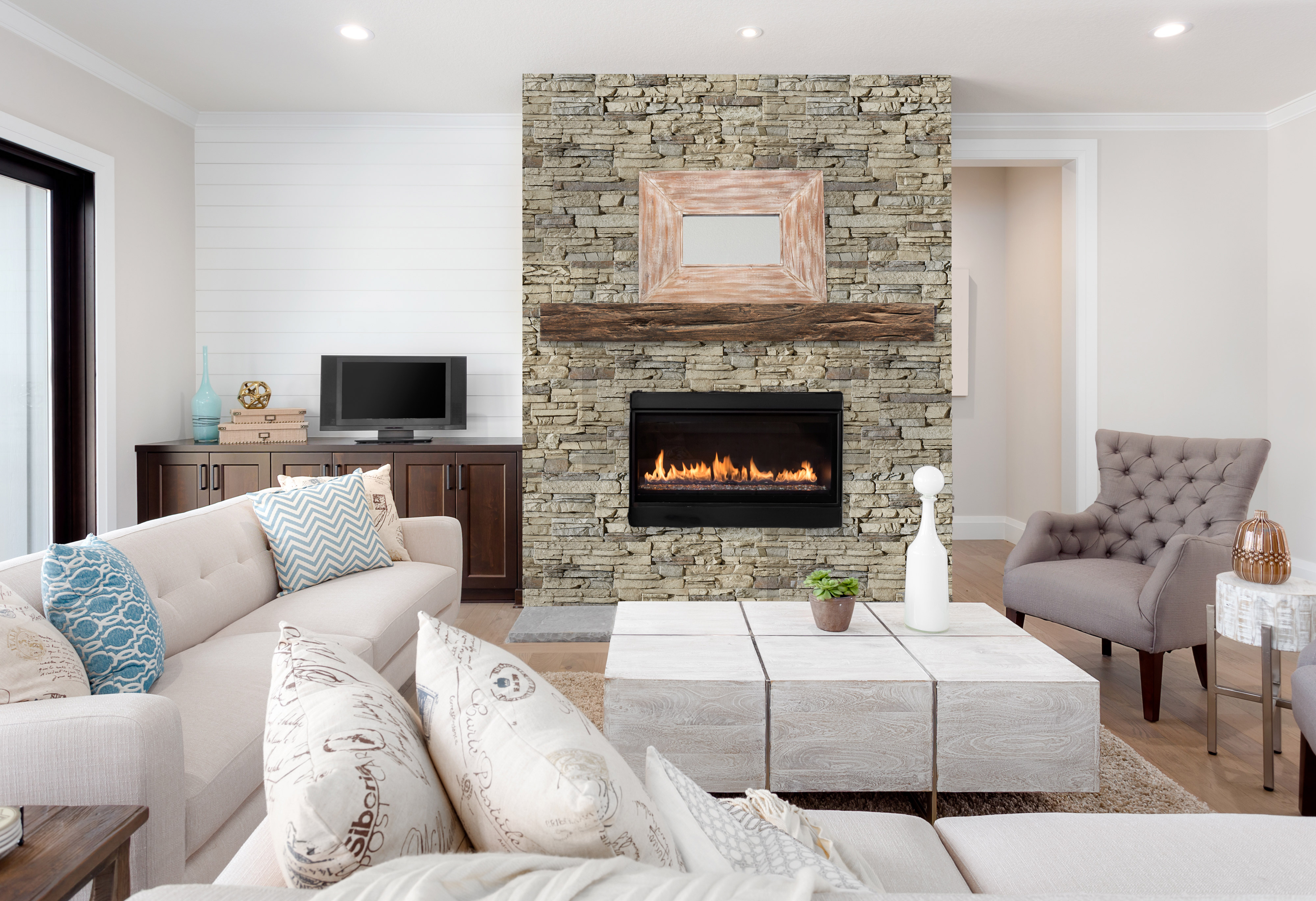 Fireplace design featuring Old English Faux Wood Mantel in Burnished