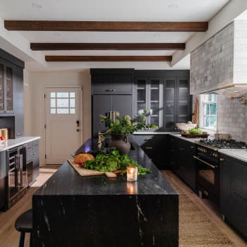 Faux wood beam seen in modern kitchen design. Shop AZ faux wood beams