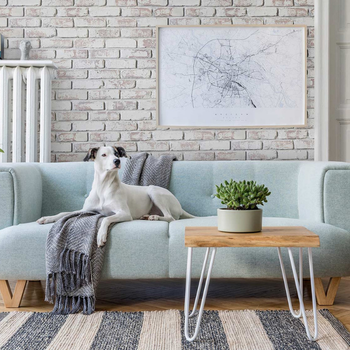 Faux brick wall panels seen in home design. Accent wall with faux brick.