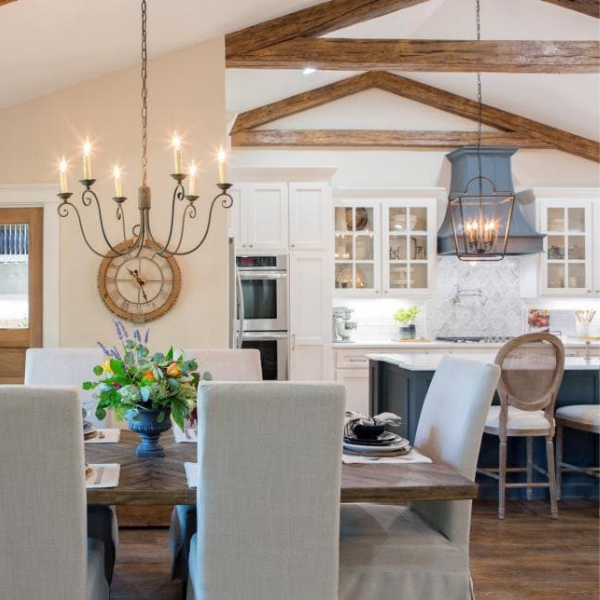 fARMHOUSE DINING ROOM AND KITCHEN WITH FAUX WOOD BEAM TRUSS AND FAUX WOOD BEAMS BY AZ FAUX, OLD TUSCAN BEAMS