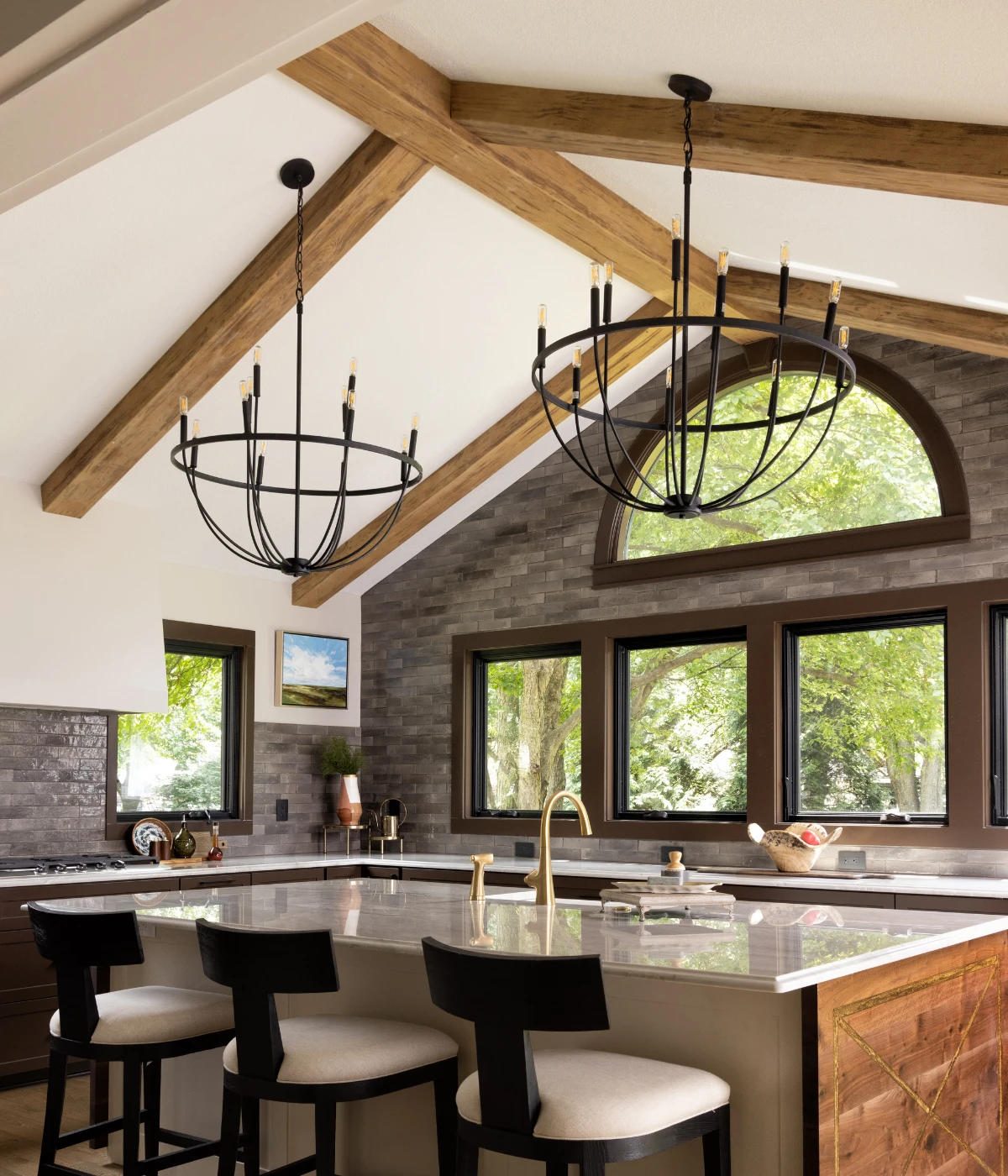 faux wood beams in a kitchen design arched ceilngs