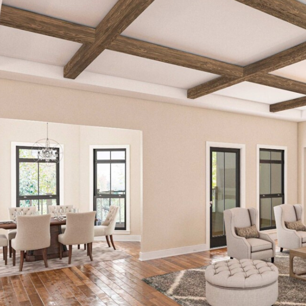 wind drift faux wood beam sene in open living room and kitchen, modern farmhouse design style