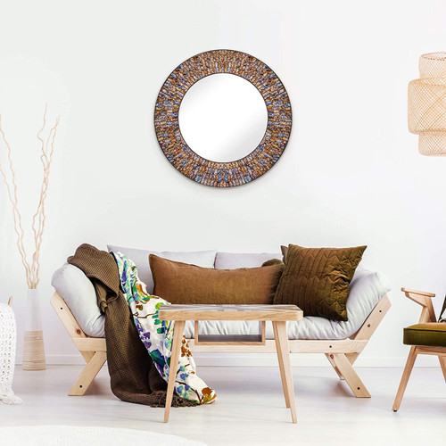 Zorigs Mosaic Mirror, Handcrafted Glass Mosaic Decorative Wall Mirror, 24" Round Wall Mirror of Sapphire Blue, Coffee, Caramel, and Chocolate Brown Glass Pieces, Wall Piece - Close Out Sale