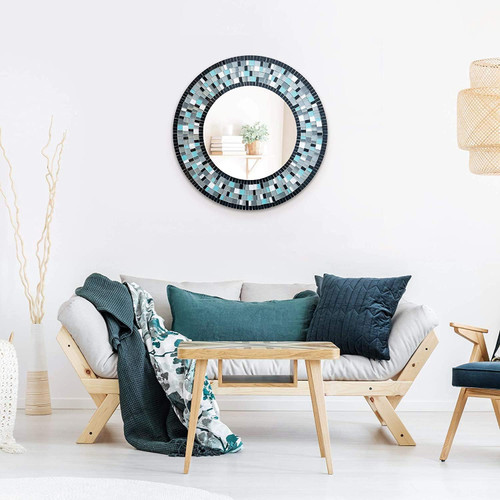 Zorigs Mosaic Mirror, Wall Art Décor – Handcrafted Decorative Wall Mirror, Sky Blue, Silver, and Gray Glass Mosaic Mirror, Large 24” Round Mirror for Hallway, Bedroom, Bathroom, Living Room