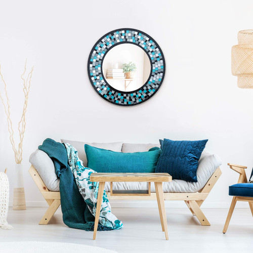 zorigs mirror wall art décor – handcrafted decorative wall mirror, white and dark turquoise mosaic mirror, 24” frame, 15" round mirror for hallway, bedroom, bathroom, living room zorigs zorigs mirror wall art