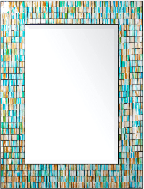 Zorigs  Handcrafted Decorative Wall Mirror, Sea Blue, Turquoise, and Opal Reflective Glass Mosaic Mirror 32" X 24" Rectangular Mirror