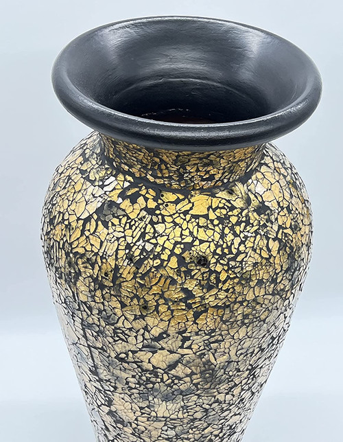 Zorigs Floor Vase, 24 Inch Mosaic Vase – Tall Cylinder Made of Terracotta with Crackled Gold and Black Glass Mosaic Pieces – Handcrafted Decorated Home Décor Accent Piece for Bedroom, Living Room