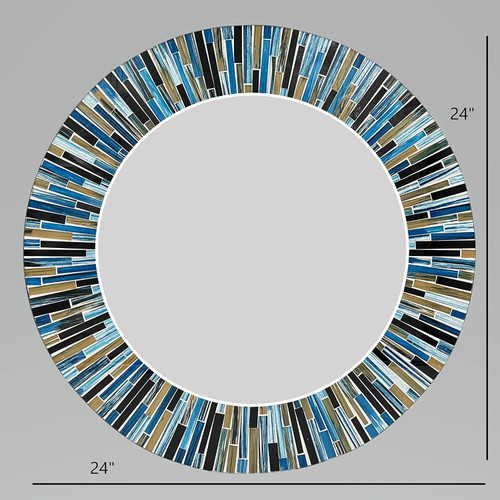 Zorigs Mosaic Mirror, Wall Art Décor – 24” Round Handcrafted Decorative Wall Mirror with Blue, Black, White, and Tan Mosaic Tiles - For Bedroom, Bathroom, Hallway, Living Room