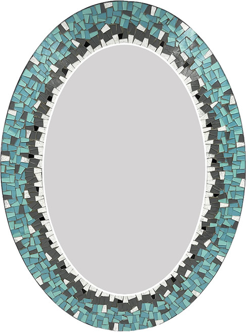 Zorigs Mosaic Mirror, Wall Art Décor – Handcrafted Decorative Wall Mirror, Sky Blue and Teal Mosaic, 32” Oval Mirror for Hallway, Bedroom, Bathroom, Living Room