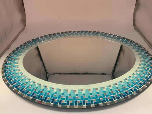 Zorigs Mosaic Mirror, Wall Art Décor – Handcrafted Decorative Wall Mirror, Deep Blue, Teal, and White Mosaic Mirror, 32” x 24” Oval Mirror for Hallway, Bedroom, Bathroom, Living Room
