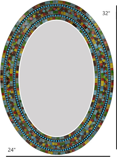 Zorigs Mosaic Mirror, Handcrafted Mosaic Decorative Wall Mirror, 32” x 24” Oval Mirror with Turquoise, Green, Brown, Yellow and Red Mosaic Glass Pieces - For Hallway, Bedroom, Living Room