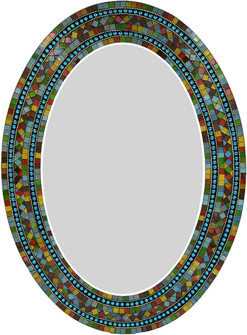 Zorigs Mosaic Mirror, Handcrafted Mosaic Decorative Wall Mirror, 32” x 24” Oval Wall Mirror of Turquoise, Green, Brown, Yellow and Indigo Reflective Glass Pieces Decor, Wall Piece