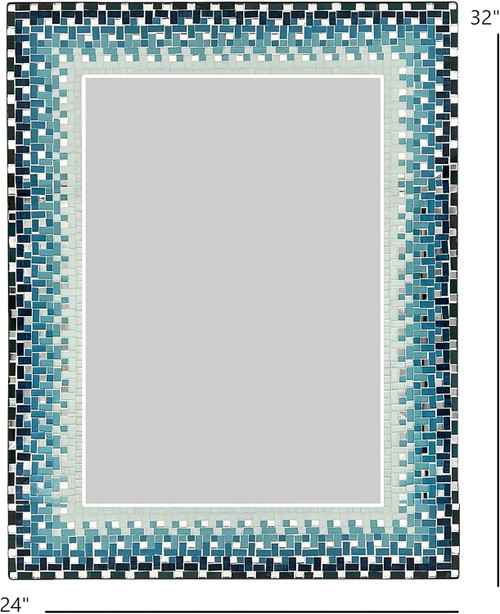 Zorigs Mosaic Mirror, Wall Art Décor – Handcrafted Decorative Wall Mirror, Deep Blue, Teal, and White Mosaic, 32” x 24” Rectangular Mirror for Hallway, Bedroom, Living Room