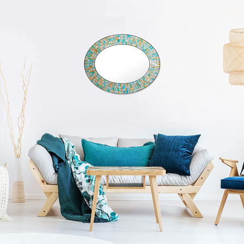 Zorigs Mosaic Mirror, Wall Art Décor – Handcrafted Decorative Wall Mirror, Sea Blue, Turquoise, and Opal Reflective Glass Mosaic Mirror, 32" X 24" Oval Mirror Zorigs Mosaic Mirror, Wall Art Décor – Handcrafted Decorative Wall Mirror, Sea Blue, Turquoise, and Opal Reflective Glass Mosaic Mirror, 32" X 24" Oval Mirror