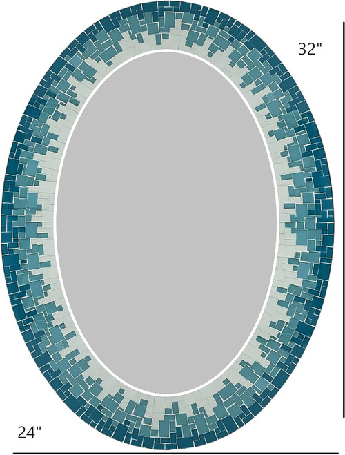 Zorigs Mosaic Mirror, Wall Art Décor – Handcrafted Decorative Wall Mirror, Sea-Blue, Turquoise, White Mosaic Mirror, 32” x 24” Oval - Hallway, Bedroom, Living Room