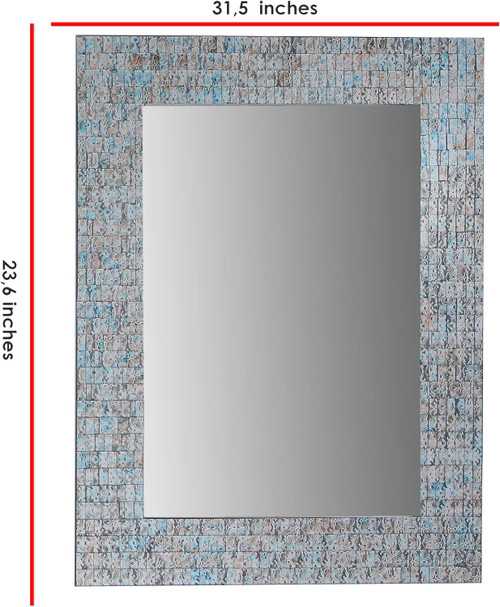 Zorigs Mirror Wall Art Décor – Handcrafted Decorative Wall Mirror, Silver, Sharpie Blue, and Tan Mosaic Mirror, 32” x 24” Rectangle Mirror for Hallway, Bedroom, Bathroom, Living Room