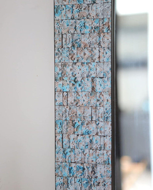 Zorigs Mirror Wall Art Décor – Handcrafted Decorative Wall Mirror, Silver, Sharpie Blue, and Tan Mosaic Mirror, 32” x 24” Rectangle Mirror for Hallway, Bedroom, Bathroom, Living Room